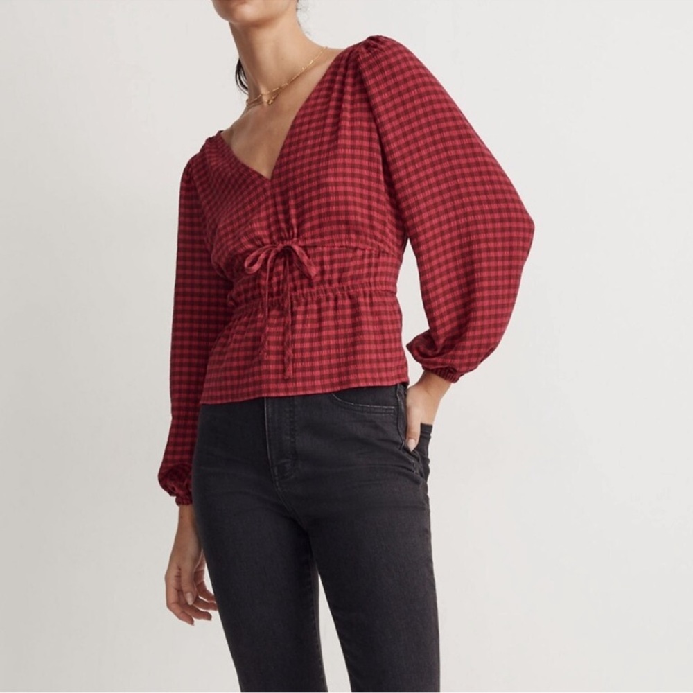 Madewell Crinkled V Neck Plaid Top Balloon Sleeve Size Medium